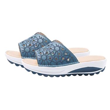 Imagem de Happyyami Chinelo feminino fashion de salto baixo sandália de verão salto anabela sandália casual confortável sapatos náuticos (tamanho branco 30 jardas EU36, US5,5, UK3), Azul, 7.5 Narrow