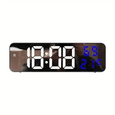 Imagem de Relógio de parede digital grande de 23 cm com visor de temperatura e umidade, 3 alarmes, modo noturno e visor LED 12/24H - bateria excluída (cor: Azul espelhado temperatura umidade)