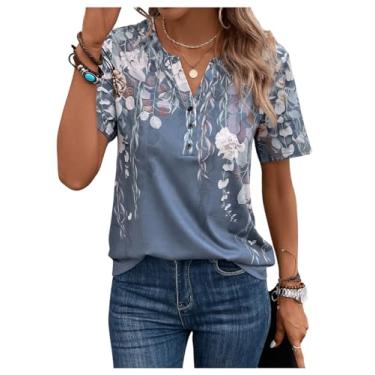 Imagem de SOLY HUX Camiseta feminina de verão com estampa floral, manga curta, gola entalhada, Floral multicolorido, P