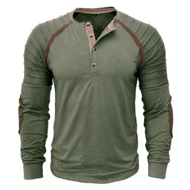 Imagem de Camisetas masculinas de manga comprida com botões coloridos ajustadas para esportes ao ar livre camisetas Henley, Verde, XG