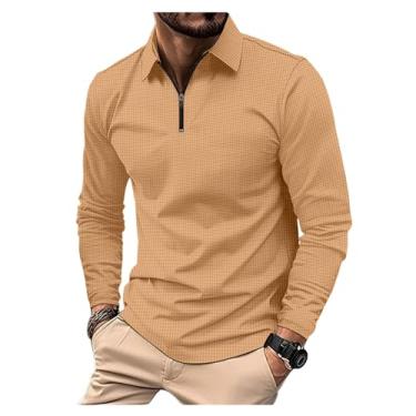 Imagem de Camisa polo masculina folgada estampa waffle cor sólida meio zíper frontal pulôver, Marrom, 3G