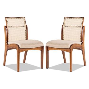 Imagem de Kit 2 Cadeiras de Madeira com Encosto em Rattan Lisboa Linho Bege M58 RMI