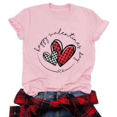 Imagem de Camisetas femininas para o Dia dos Namorados Buffalo Xadrez Love Heart Graphic Tee presentes fofos para ela tops de manga curta, Rosa claro, M