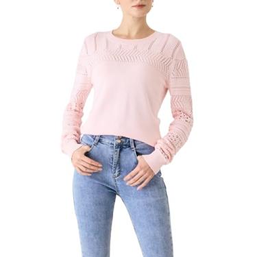 Imagem de Cable Stitch Suéter feminino leve de manga Pointelle - pulôver de renda com gola redonda de manga comprida, Rosa claro, X-Small