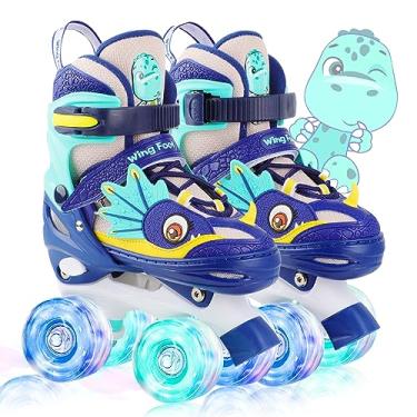 Imagem de Patins infantis Dino Kids para meninos e meninas, WESKIFAN Dinosaur Quad Patins com rodas brilhantes e tamanhos ajustáveis patins para iniciantes presentes de aniversário de Natal (azul, M (1~4))