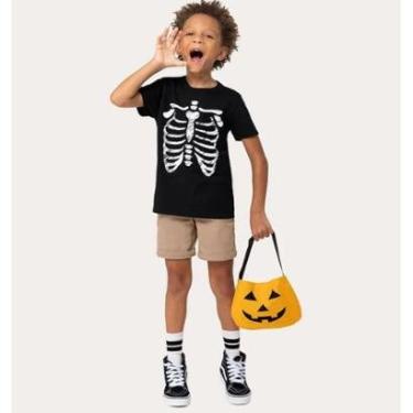 Imagem de Camiseta Esqueleto Halloween Malwee Kids Algodão Preto Bolsa Temática Abóbora Tam 1 2 3-Unissex