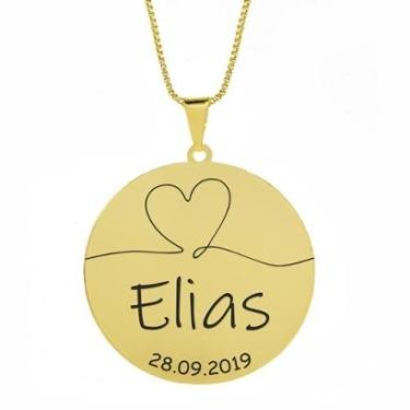Imagem de Gargantilha Pingente Redondo Personalizado Coração Nome Elias Banhado Ouro 18K - 999007179-Feminino