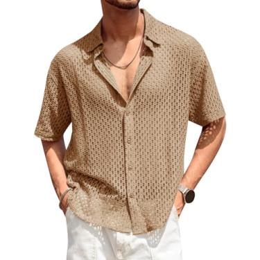 Imagem de Runcati Camisa masculina de malha de crochê vazada manga curta casual transparente verão praia tops, Caqui, G