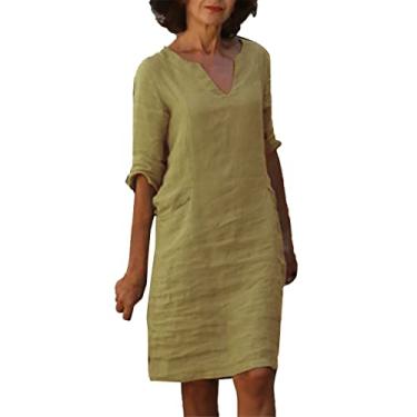Imagem de Lainuyoah Vestido feminino longo comprimento até o joelho solto casual vestidos de verão 2024 com mangas linho renda meia manga vestido camisa vestido, C-cáqui, GG