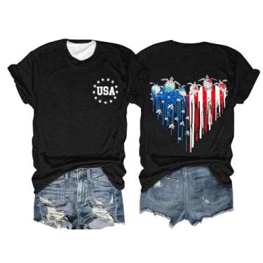 Imagem de Camiseta feminina com bandeira americana de tartaruga marinha, 4 de julho, patriótica, gola redonda, túnica básica de manga curta, Preto, 3X-Large