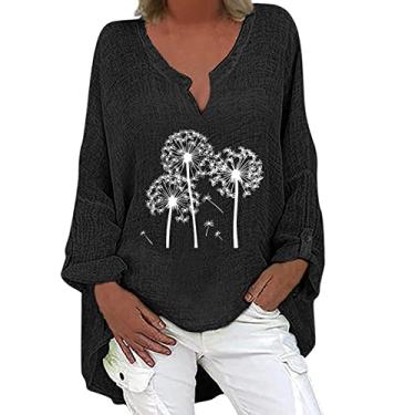 Imagem de Camisetas femininas de linho de manga comprida gola redonda com estampa floral blusas soltas blusas leves de verão, Preto, M