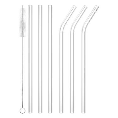 Imagem de 6 Pçs Canudos de Vidro Reutilizáveis, Canudos de Substituição 7,88" x 8 mm Canudo Prático Transparente para Copos de 20/30/947.2 g Canudos Smoothie 3 Lisos 3 Dobrados com 1 Escova de Limpeza para Café