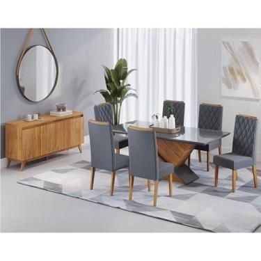 Imagem de Conjunto Mesa de Jantar Retangular 180x90 Epic com 6 Cadeiras Iza e Buffet 4 Portas Eifel Mel/Grafite/Cinza
