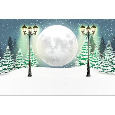 Imagem de Painel de Lona Cenário Lua Cheia Feliz Natal na Floresta de Pinheiro -