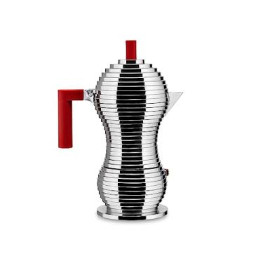 Imagem de Alessi MDL02/6 R Pulcina Stove Top Espresso 6 xícaras cafeteira em alumínio fundição alça e botão em Pa, vermelho