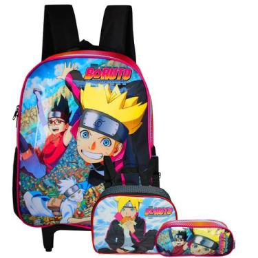 Imagem de Mochila Rodinha Boruto + Estojo Naruto Shippuden + Lancheira Rosa - Lu