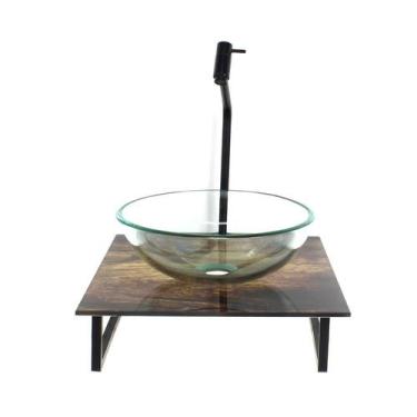 Imagem de Kit cuba de vidro redonda 10mm incolor com tampo de vidro 40cm x 40cm 