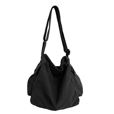 Imagem de Bolsa de lona, bolsa tiracolo Hobo, bolsa carteiro de grande capacidade, com vários bolsos, bolsa de ombro casual para mulheres e homens, B - preto