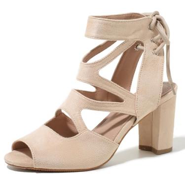 Imagem de fereshte Sandália feminina gladiadora com tiras com cadarço, vazada, salto alto grosso, Nude., 41