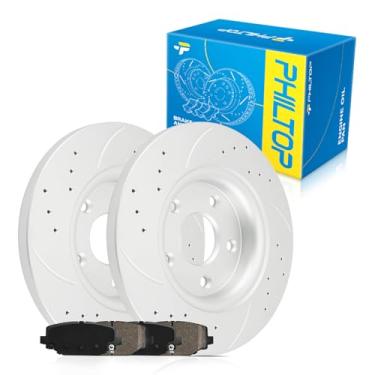 Imagem de PHILTOP 53069+D1596 Kit de conjunto de pastilhas de freio de cerâmica e disco perfurado traseiro perfurado e ranhurado para Grand Caravan 2012-2020, Journey 2012-2020, Town & Country 2012-2016, C/V