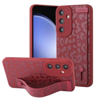 Imagem de OOK Capa compatível com Samsung Galaxy S23 FE 5G com alça de pulso, capa protetora de silicone leopardo à prova de choque fina anti-arranhões para mulheres e meninas, vinho tinto