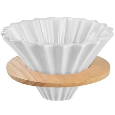 Imagem de EHERDM Coador de café de cerâmica com suporte de xícara de madeira, elegante coador V60 em forma de flor para 1 a 2 xícaras, acessórios de preparação lenta para cafeterias domésticas, restaurantes,