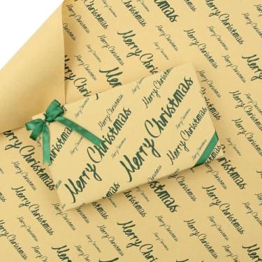Imagem de Papel de embrulho Merry Christmas – 4 folhas verdes de letras de Feliz Natal com 1 rolo conjunto de fita verde Kraft Brown Papel de embrulho de presente de Natal para artigos de festa de Natal meninos