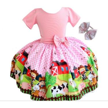 Imagem de Vestido Festa Infantil Meninas Fazendinha Luxo Tiara Animais - Pingo d