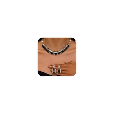 Imagem de fxmimior Boho Fashion Prom Shinny Black Strass Gargantilha Conjunto de Brincos Gargantilha Sexy em Camadas Delicadas Ouro Preto Colar de Natal Halloween para Mulheres, Metal, Cristais