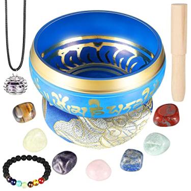 Imagem de BBTO Conjunto de tigelas tibetanas cantando para cura, tigela sonora de meditação de 8 cm com 7 peças de pedras de cristal de chacra, almofada de martelo, pingente de pulseira de chacra para ioga, mindfulness e cura espiritual