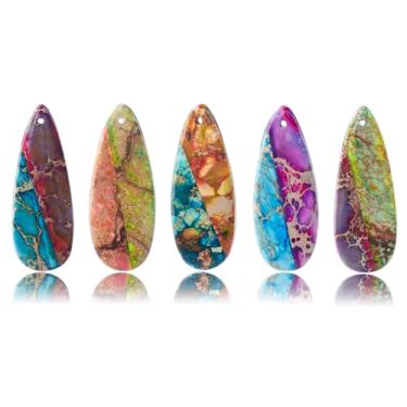 Imagem de Flemtai Conjunto de 5 pingentes de lágrima de jaspe imperial, pingentes de pedra natural para fazer joias faça você mesmo, colares, pulseiras, brincos, Pedra, pedra imperador