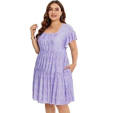 Imagem de Vestido plus size feminino plus size floral decote V manga curta comprimento até o joelho mini vestidos evasê, Estampa de leopardo roxo, 3G