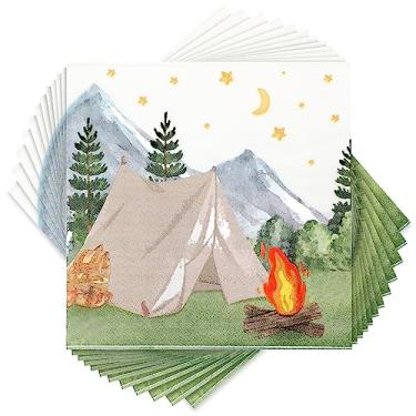 Imagem de Nefelibata- Decorações de aniversário para acampamento Guardanapos de papel para acampamento Um feliz campista Guardanapos com aquarela Tenda Aventura na fogueira Floresta Despedida de solteira Caminh