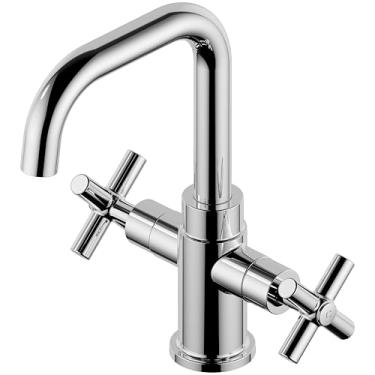 Imagem de Duttao Torneira de pia de banheiro de furo único com 2 alças, estrutura de latão sólido e cobre, certificado para conformidade com UPC, IPC, NSF61-9, AB1953, baixo chumbo, certificado WaterSense,