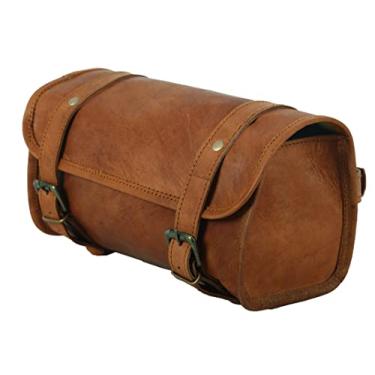 Imagem de Bolsa de couro legítimo para motocicleta vintage com fecho de fivela e 2 correias, bolsa marrom com fecho de liberação rápida reforçada para guidão, garfos, bolsa de couro para bicicleta – ideia de presente de Natal Ano Novo de 25,4 cm (bolsa de 2 alças, motocicleta 2 alças, 24,6 x 9,5 x 7,6 cm, 5,3