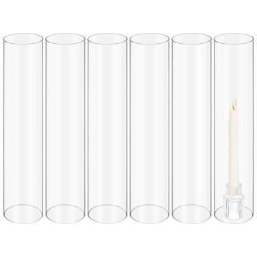 Imagem de 6 peças de suporte de vela de vidro Hurricane, H: 35,5 cm D: 6,3 cm Manga de suporte de vela de vidro cilíndrico sem fundo, tampa de tubo de chaminé de chama aberta, cúpula de vela aberta para vela