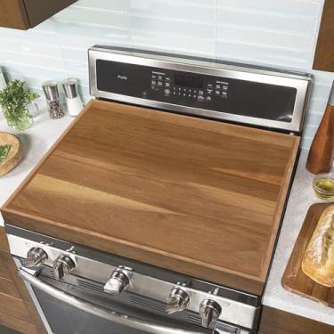 Imagem de YUHFERA Capa de fogão de madeira para fogão – Capas de fogão elétrico de 75 x 54 cm para fogão, tampa de vidro para fogão RV, capas de fogão de madeira para queimadores a gás (acácia)