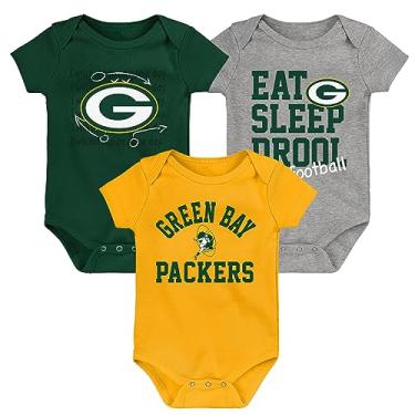 Imagem de Outerstuff Conjunto de body retrô para recém-nascidos e bebês, verde/dourado/cinza mesclado Green Bay Packers, pacote com três unidades Eat, Sleep & Baba