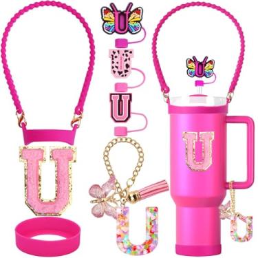 Imagem de ZYBIDEAL Conjunto de acessórios de 8 peças para Stanley Cup: 3 peças de capa de canudo com letra de 0,4 pol, alça de garrafa de silicone, bota para 30 e 1,134 g, pingente inicial, adesivo inicial