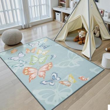 Imagem de STARUIA Tapetes para quarto de meninas, 10 x 15 cm, laváveis para sala de jogos, antiderrapante, macio, berçário, borboleta, tapete para bebê, para creche, castelo, dormitório, decoração interna (azul