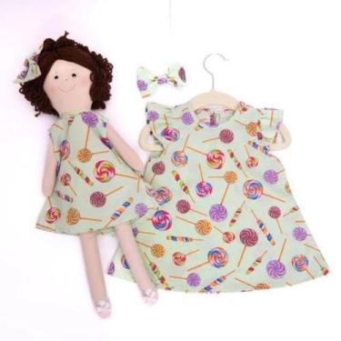 Imagem de Vestido Infantil para Bebê de 1 Ano + Boneca de Pano + Laço de Cabelo 