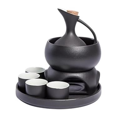 Imagem de Ioensy Pote de saquê de saquê de saquê de saquê de cerâmica, 4 xícaras de bebidas com bandeja de porcelana tradicional para o restaurante de presente de