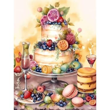 Imagem de HMDIIMGE DIY Delicioso bolo pintura de diamante pintura de bolo por números para adultos kits de arte de diamante redondo completo para decoração de quarto e decoração de sala de estar 30 x 40 cm