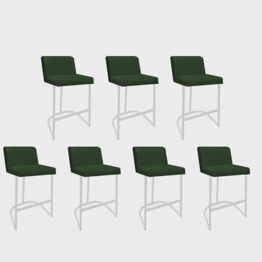 Imagem de Kit 07 Banquetas Com Encosto Noah Luxo Confort Bistrô Cozinha Ferro Branco Suede Verde - Ahazzo Móveis