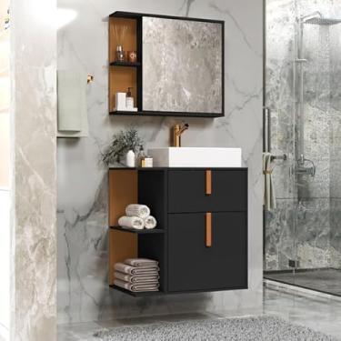 Imagem de Kit Banheiro Espelheira com Armario e Cuba Argos cor Preto/Nature - Comprar Móveis em Casa