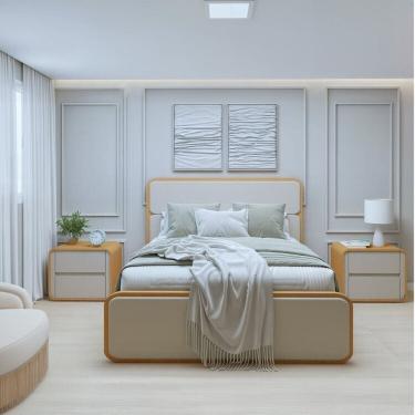 Imagem de Cama de Casal com 2 Mesas de Cabeceiras Loop Amêndoa Clean