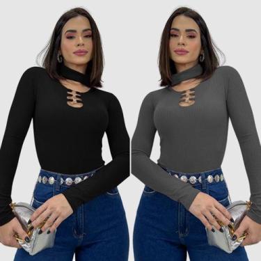 Imagem de Kit 2 Body Feminino Bojo Decote Argola Gola Choker Inverno - Swisz, Pr
