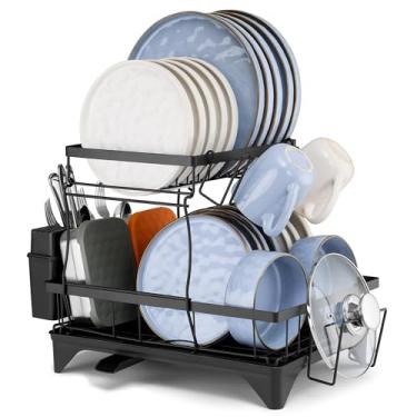 Imagem de Herogo Escorredor de louça, escorredor de pratos de 2 camadas com placa de drenagem, organizadores grandes de prateleira de cozinha com copo, tábua de corte, suporte de utensílios e bico giratório,
