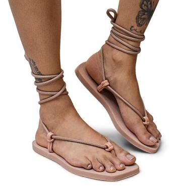 Imagem de Sandália Rasteira Feminina de Amarrar Bico Quadrado Modernidade Inovaç