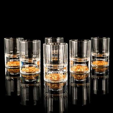 Imagem de SIYOUKI Conjunto de copos de shot de cristal de 48 g, decorado com flocos de folha de ouro 24K, sem chumbo, conjunto feito à mão adequado para MaoTai, bebidas alcoólicas, tastin, embalagem de caixa de